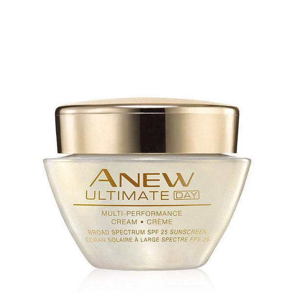 Anew Ultimate Multi-Performance Day Cream Broad Spectrum SPF 25 is a high-performance, anti-aging moisturizer that revives and recreates the look of youthful skin by visibly transforming multiple signs of aging. 1.7 oz. net wt.

BENEFITS
• 100% of women showed improvement in texture, clarity, uneven skin tone and overall fine wrinkles
• Avon's Celluvive Complex helps eliminate visible age-related damage on the skin's surface, dramatically diminishing the signs of aging
• Formulated to help purify and breath